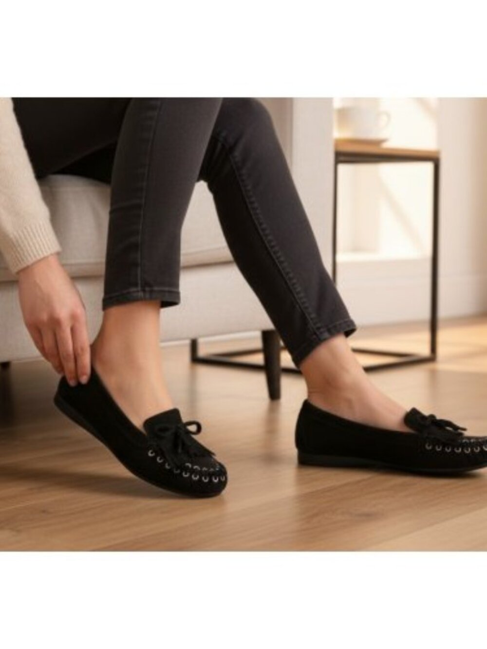 CUSHION WALK Black Suede Moccasin Loafers Ladies Size 8 Metal Trim